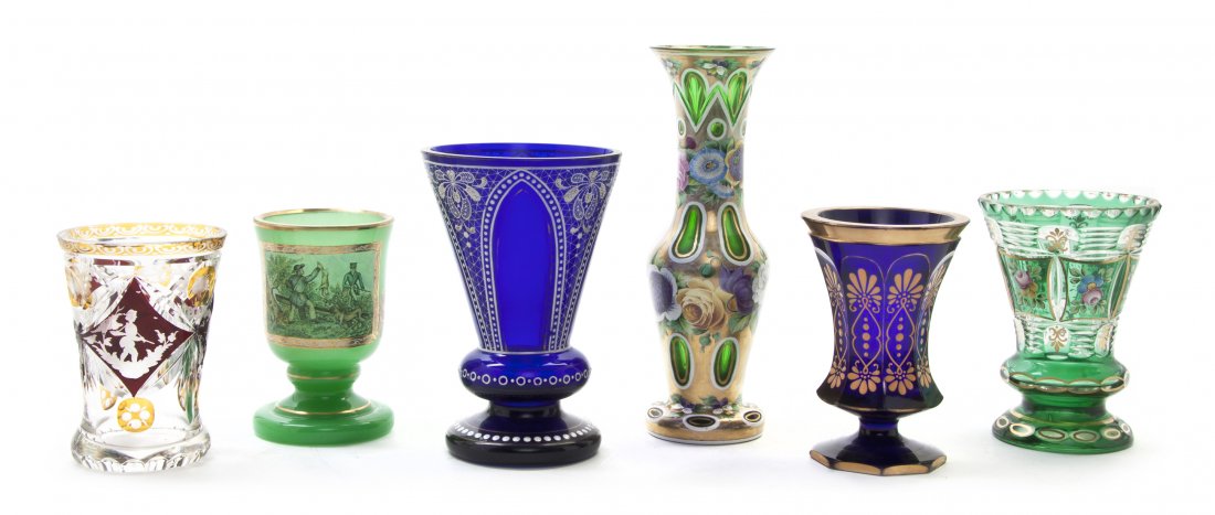 A Collection of Six Bohemian Glass Articles, Heigh: A Collection of Six Bohemian Glass Articles, of various forms and decoration, comprising beakers and vases. Height of tallest 9 1/8 inches. Property from the Ethel Miller Siegel Trust, Bloomfield Hill