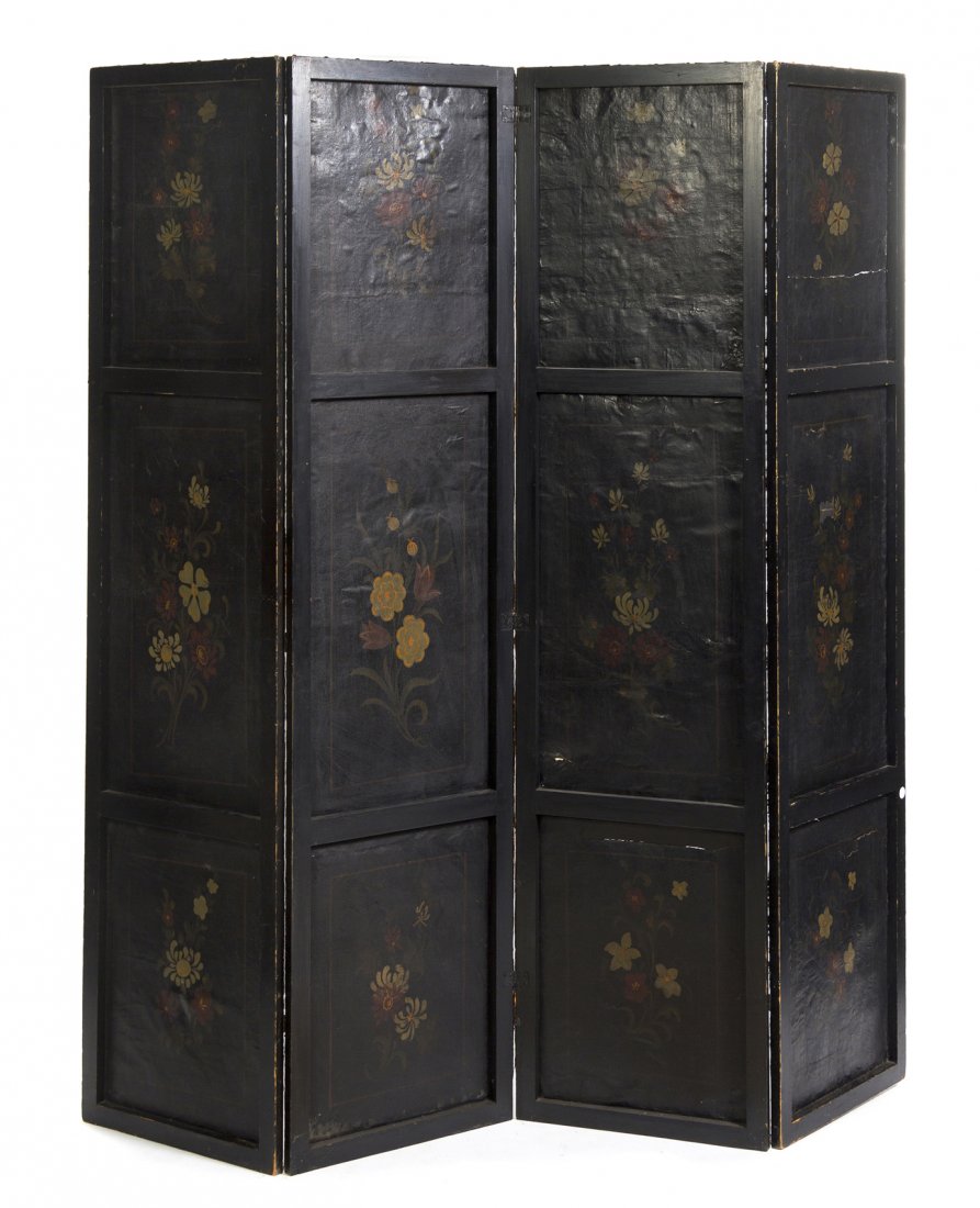 A Four Panel Painted Leather Floor Screen, Height : A Four Panel Painted Leather Floor Screen, having scrolling William Morris style leaves throughout. Height 90 x width of each panel 22 inches. Property from the Estate of Mr. and Mrs. Hugo Scherer Hig
