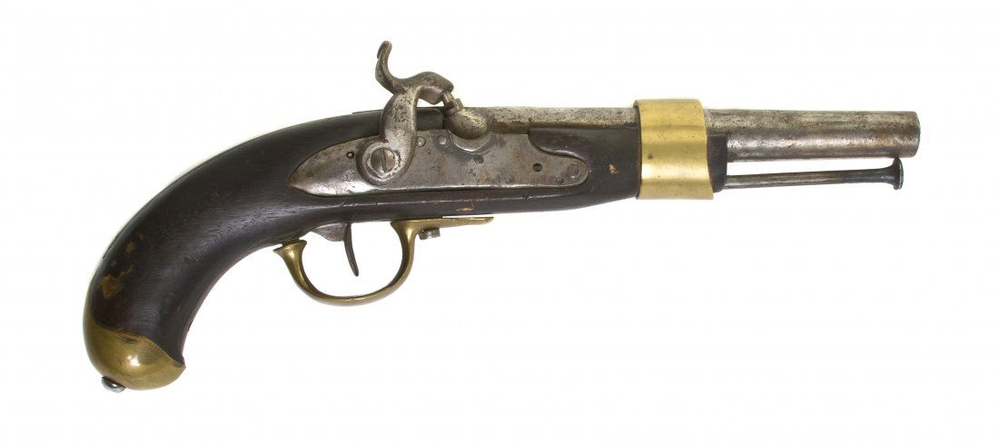 A Percussion Cap Pistol, Length 14 3/8 inches.: A Percussion Cap Pistol, the steel barrel with brass banding and stamped with a glyph, with ramrod. Length 14 3/8 inches. Property from the Estate of Samuel and Dora Kaner, Southfield, Michigan