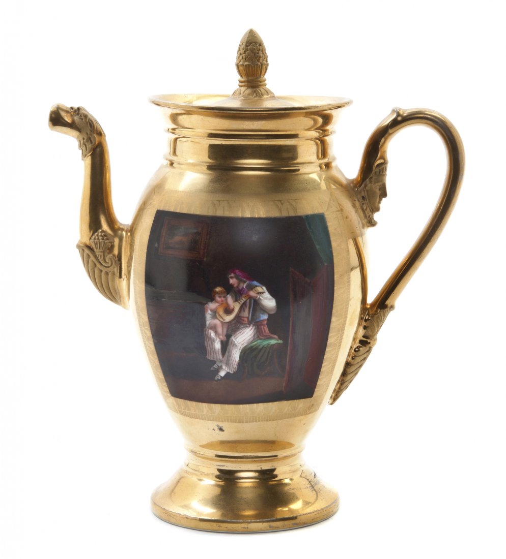 A Paris Porcelain Teapot, Height 8 3/4 inches.: A Paris Porcelain Teapot, having allover gilt finish decorated with two classical scenes, depicting a mother and child. Height 8 3/4 inches. Property from the Ethel Miller Siegel Trust, Bloomfield Hil