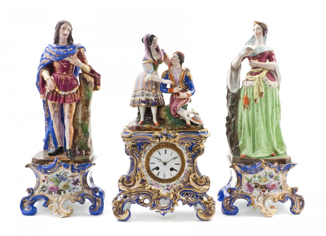 A Paris Porcelain Clock Garniture, Height of talle: A Paris Porcelain Clock Garniture, the clock surmounted with a courting couple over the circular dial having Roman numerals, flanked by a gentleman and a lady, each set on scrolling bases with gilt an