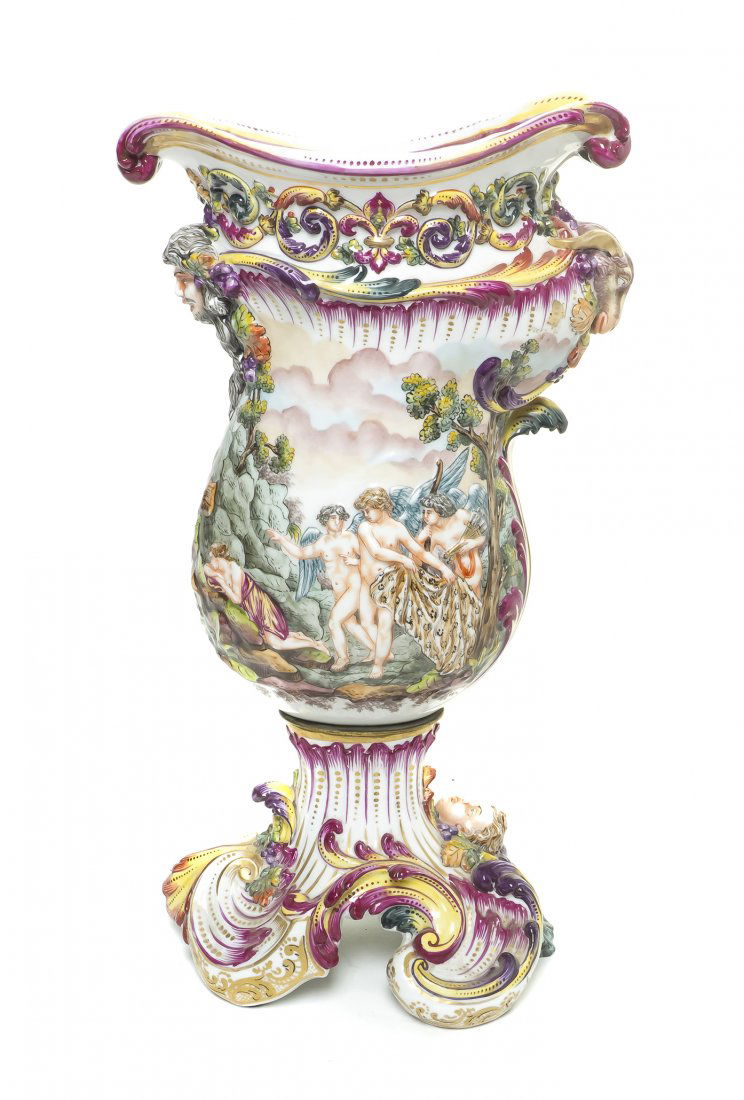 A Capodimonte Porcelain Urn, Height 15 1/4 inches.: A Capodimonte Porcelain Urn, of flattened baluster form, decorated with classical figures in a landscape, having crowned N mark. Height 15 1/4 inches.