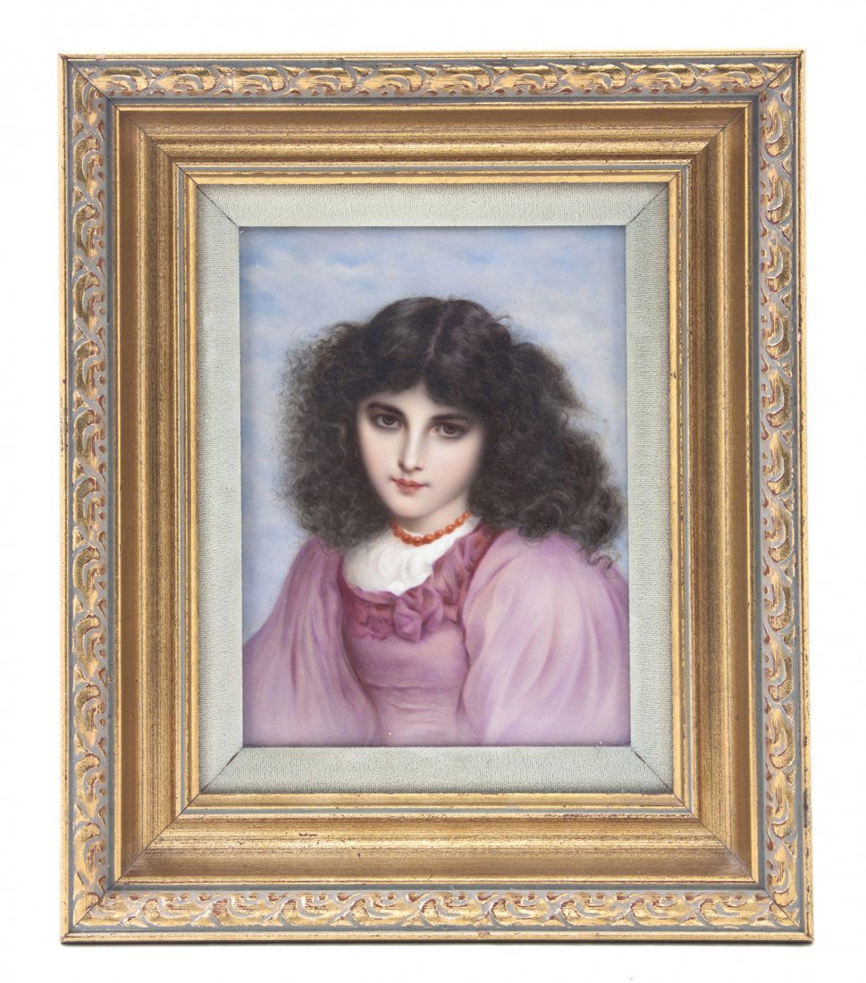 A Berlin (K.P.M.) Porcelain Plaque, Height 7 1/4 x: A Berlin (K.P.M.) Porcelain Plaque, depicting a young girl in a pink dress with a coral necklace, set in a giltwood frame, having impressed K.P.M. mark with a scepter and other impressed marks. Height