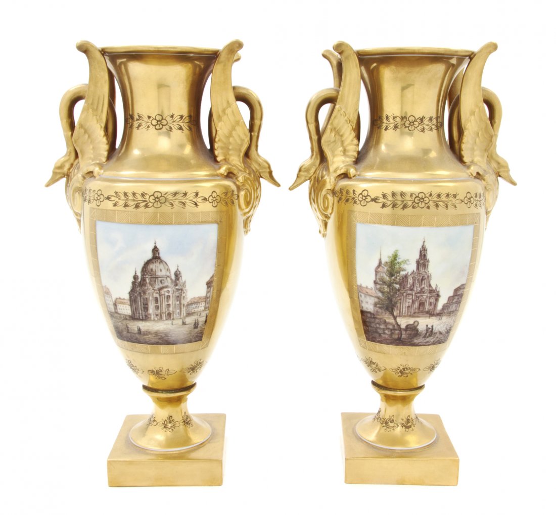 A Pair of Dresden Porcelain Vases, Height 13 1/4 i: A Pair of Dresden Porcelain Vases, each of baluster form modeled with swan handles, having painted rectangular architectural views. Height 13 1/4 inches. Property from the Collection of a Lady, Chicag