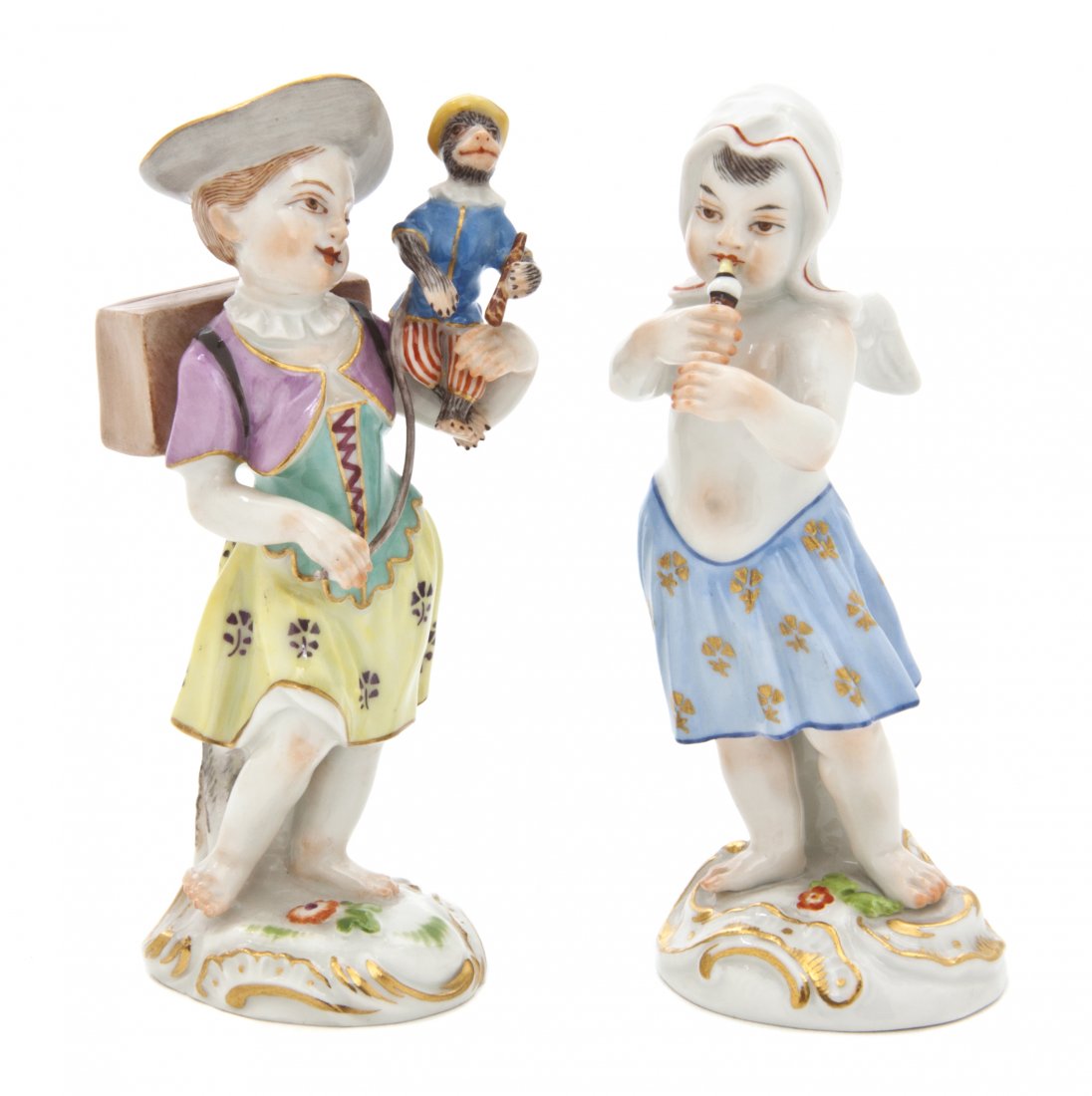 Two Meissen Porcelain Figures, Height of taller 3: Two Meissen Porcelain Figures, one depicting a girl with a monkey, the other a boy with a flute, having crossed swords mark in underglaze blue with various impressed marks. Height of taller 3 7/8 inch