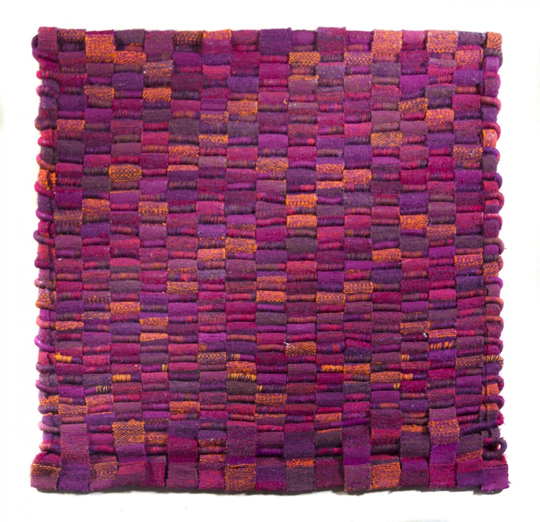 A Woven Wool and Horsehair Textile, Olga de Amara: A Woven Wool and Horsehair Textile, Olga de Amaral (Columbian, b. 1932), Five Red Panels, executed in tones of purple, orange, red and brown; signed, titled and dated 1973 on leather label sewn to ver