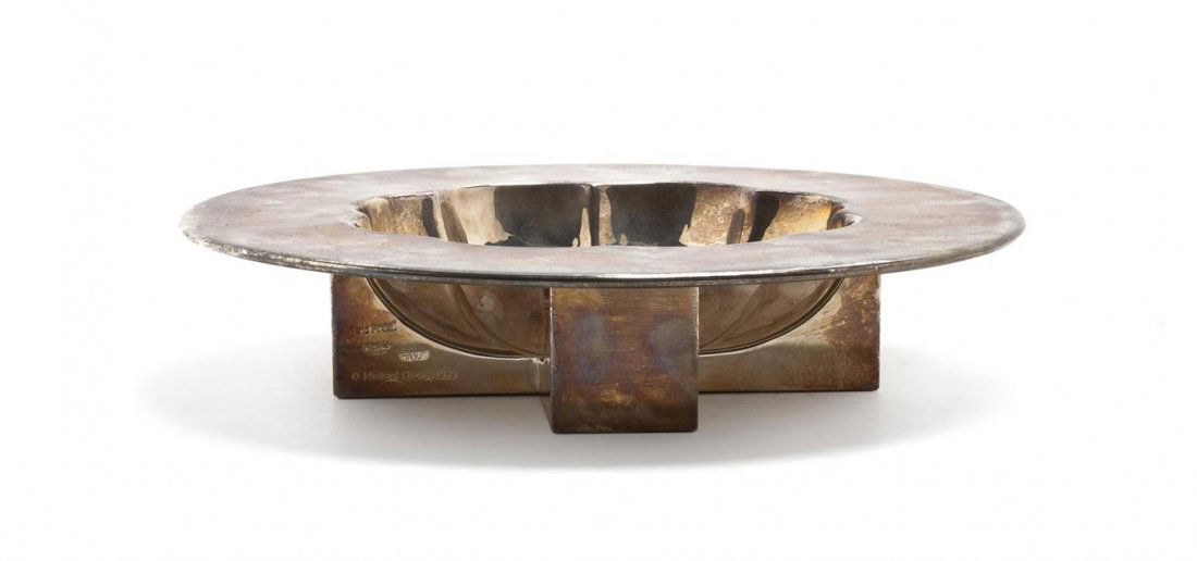 A Silverplate Footed Bowl, Michael Graves for Swi: A Silverplate Footed Bowl, Michael Graves for Swid Powell, of circular form, having a lobed floriform bowl, raised on an X-form block foot, marked Made in Italy / Swid Powell / Michael Graves 1989. Di