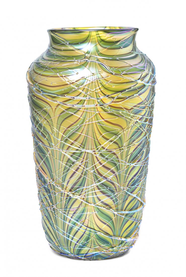 An Orient and Flume Glass Vase, Height 10 inches.: An Orient and Flume Glass Vase, of tapering cylindrical form with internal pulled decoration and applied stringing, dated 1982. Height 10 inches. Property from the Ethel Miller Siegel Trust, Bloomfiel