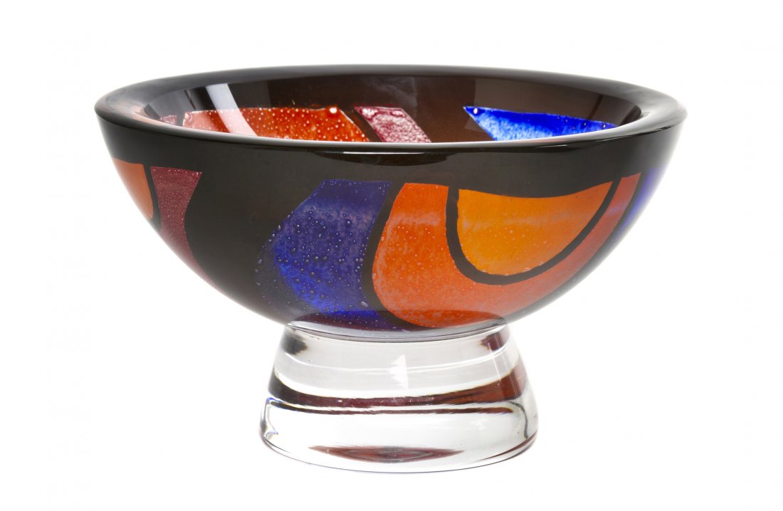 An Orrefors Glass Footed Bowl, Jan Johansson, Dia: An Orrefors Glass Footed Bowl, Jan Johansson, 1974, having internal geometric decoration. Diameter 8 3/4 inches. Property from the Ethel Miller Siegel Trust, Bloomfield Hills, Michigan