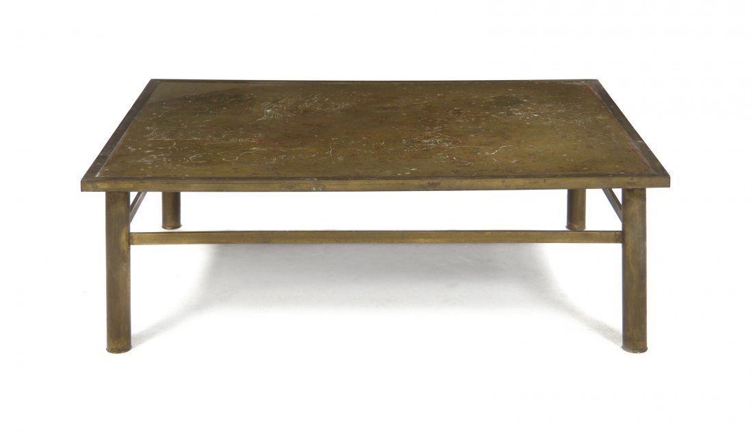 A Philip and Kelvin Laverne Patinated Bronze, Pew: A Philip and Kelvin Laverne Patinated Bronze, Pewter and Brass Low Table, Classical, having a rectangular top with acid-etched figural and cloud decoration, raised on round legs joined by stretchers,