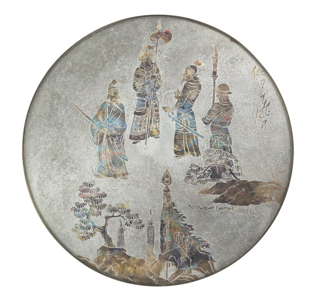 A Philip and Kelvin Laverne Bronze Occasional Tab: A Philip and Kelvin Laverne Bronze Occasional Table, Ming, having a circular top decorated with figures in a landscape. Height 22 x diameter 24 inches. Property from the Ethel Miller Siegel Trust, Blo