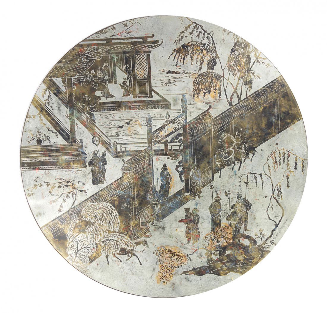 A Philip and Kelvin Laverne Bronze Low Table, Hei: A Philip and Kelvin Laverne Bronze Low Table, in the Chan pattern, the circular top decorated with a Chinoiserie scene, raised on an octagonal base. Height 17 1/2 x diameter 48 inches. Property from t