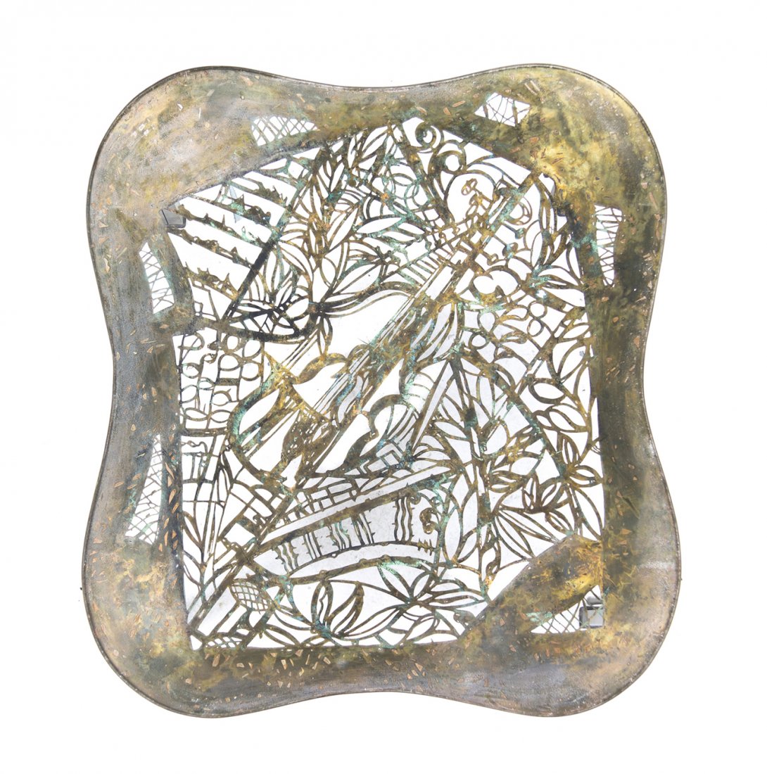 A Philip and Kelvin Laverne Patinated Bronze Low : A Philip and Kelvin Laverne Patinated Bronze Low Table, Violeau, having a shaped square top with pierced decoration of a stylized violin amidst foliate decoration, raised on tubular and square legs wi