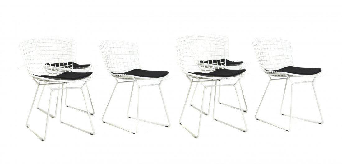 A Set of Six Wire Chairs, Harry Bertoia for Knoll: A Set of Six Wire Chairs, Harry Bertoia for Knoll, each having a white wire back and seat with attached cushions. Height 28 inches.