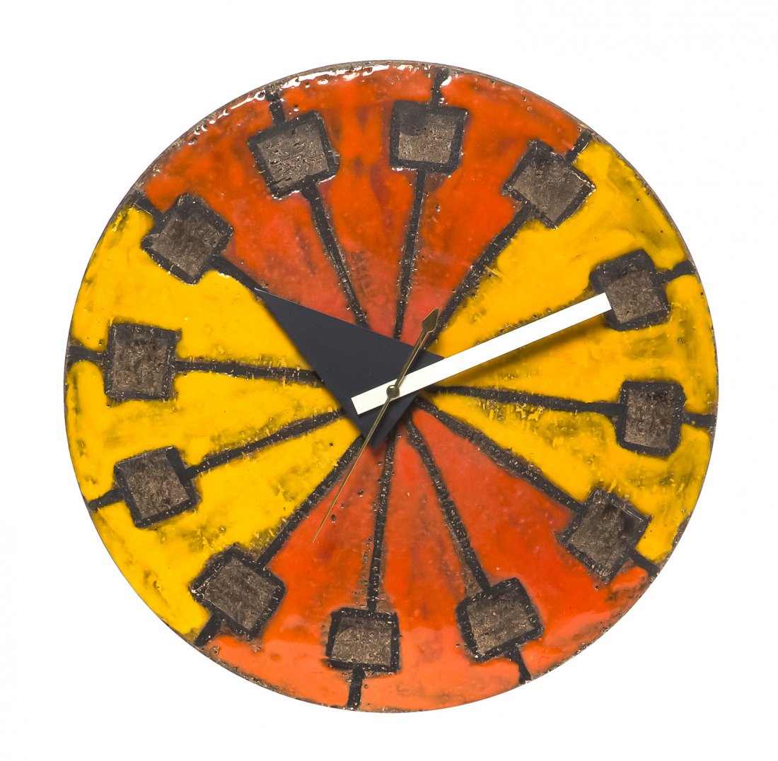 A Howard Miller/Meridian Stoneware Wall Clock, Di: A Howard Miller/Meridian Stoneware Wall Clock, of circular form, bearing label on verso Meridian Clocks Designed And Made By Italian Craftsman In Ceramics Meridian Division Howard Miller Clock Company