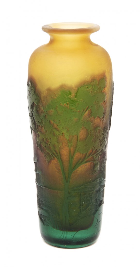 A Daum Cameo Glass Vase, Height 5 1/2 inches.: A Daum Cameo Glass Vase, of tapering cylindrical form with a flared lip, having landscape decoration, signed Daum Nancy with the Cross of Lorraine in cameo. Height 5 1/2 inches.