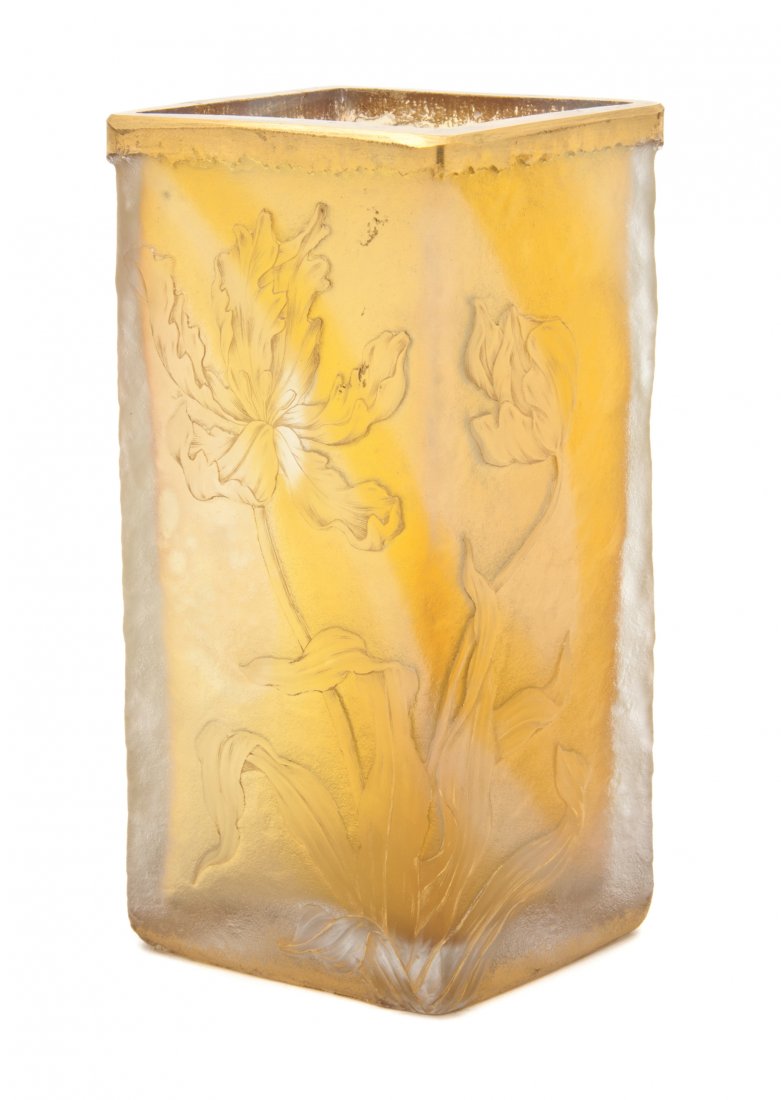 A Daum Nancy Gilt Decorated Cameo Glass Vase, Hei: A Daum Nancy Gilt Decorated Cameo Glass Vase, of diamond form, decorated with fringed tulips on a mottled ground, with gilt Daum Nancy signature with Cross of Lorraine to base. Height 7 1/8 inches.