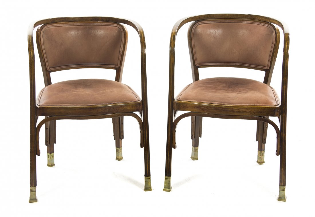 A Pair of Beech Armchairs, Gustave Siegel for J.J: A Pair of Beech Armchairs, Gustave Siegel for J.J. Kohn, Model No. 715/F, having a stained bentwood frame with an upholstered back and seat, the legs ending in brass caps. Height 30 3/8 inches.