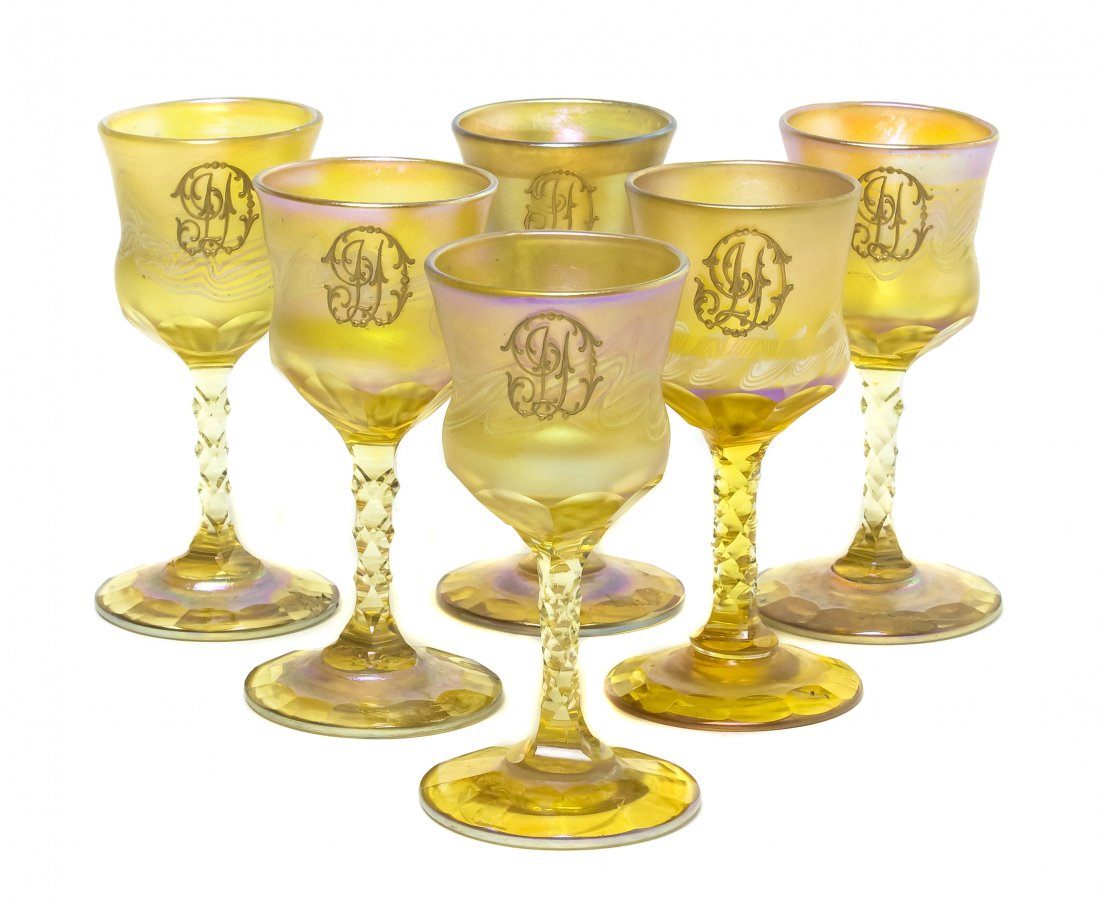 1315 A Set of Six Tiffany Gold Favrile Glass Cordials, Oct 09, 2012