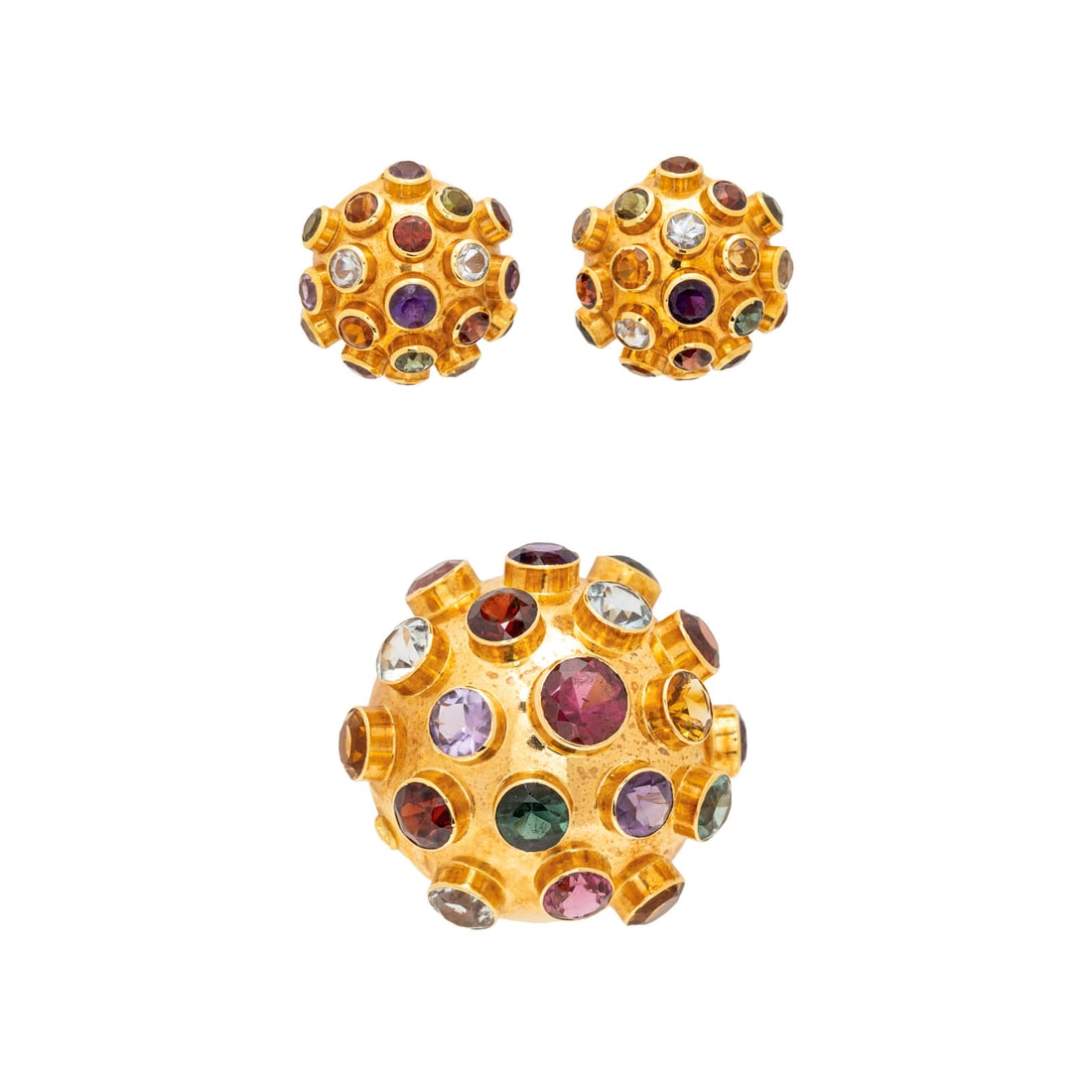 YELLOW GOLD AND MULTIGEM 'SPUTNIK' DEMI PARURE (1 of 5)