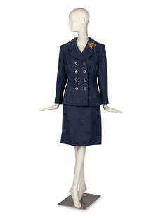 Travilla Suit and Costume Brooch: Travilla Suit and Costume Brooch THE FIRST Double-breasted, notch-collar jacket in navy blue jacquard crepe. Fully-line with decorative buttons at front/cuffs with slash pockets at hips. Label: