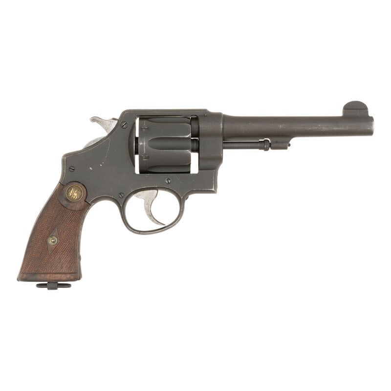 ** Smith & Wesson M1917 with X-Prefix Serial Number: ** Smith & Wesson M1917 with X-Prefix Serial Number World War I .45 ACP. 5.5" barrel length. SN: X1436. Green Parkerized metal finish and checkered walnut Smith & Wesson medallion grips. Lanyard l
