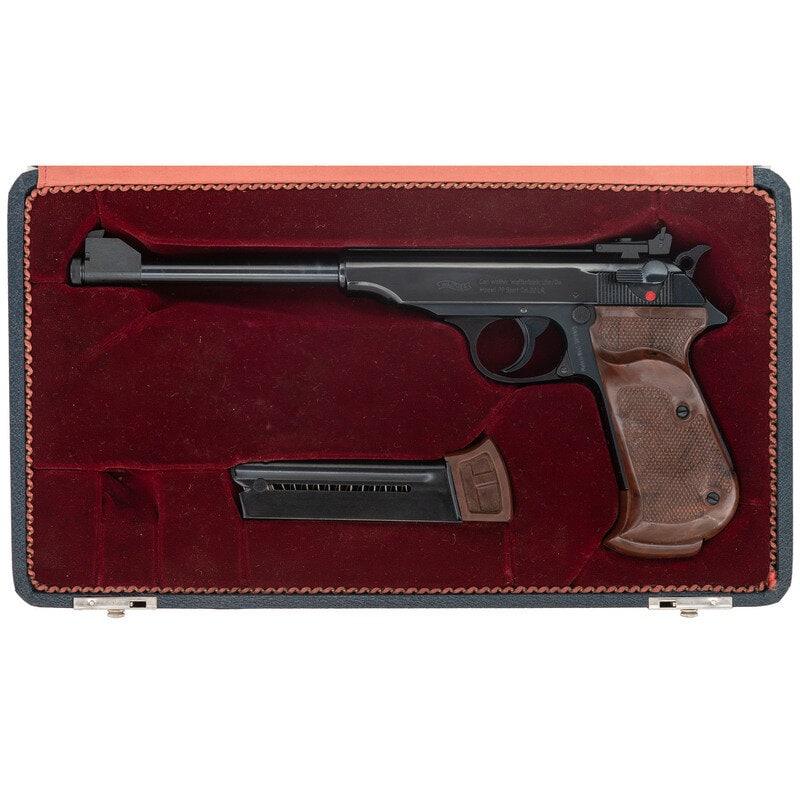 **Walther PP Sport 22 in Case with Two Magazines: **Walther PP Sport 22 in Case with Two Magazines .22 LR. 8" barrel length. SN: 74029L. Blued metal finish overall with polished breech face and mounting extended two-piece brown synthetic thumb rest g