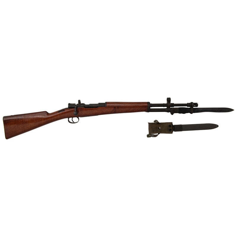 ** Spanish FR7 Rifle with Bayonet: **Spanish FR7 Rifle with Bayonet Cold War .308. 19" barrel length. SN: FR7-03520. Parkerized metal finish overall set in a polished and varnished walnut stock mounting fully hooded front post and aper