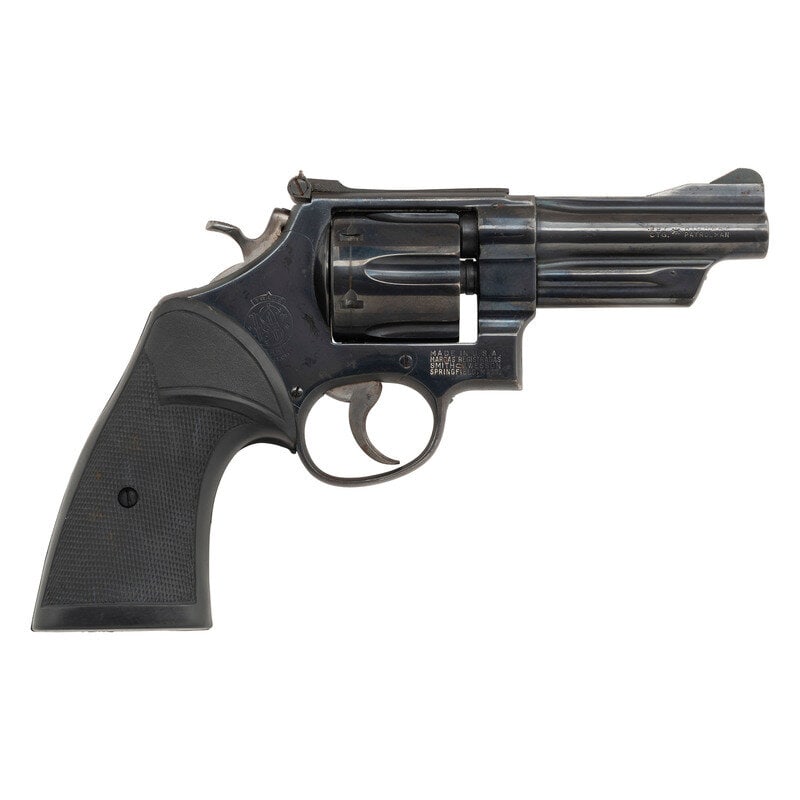 **Smith & Wesson Highway Patrolman (Pre-Model 28): **Smith & Wesson Highway Patrolman (Pre-Model 28) .357 Magnum. 4" barrel length. SN: S175331. Blued metal refinish overall with blued finish to the backstrap of the spur and mounting black rubber