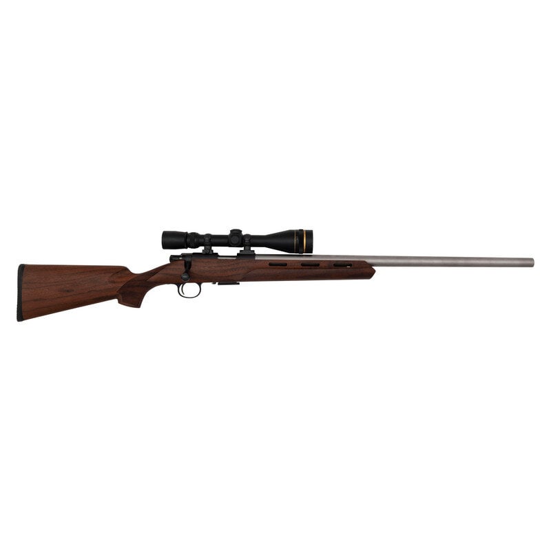 *Cooper Arms Model 57-M LVT with Leupold Scope: *Cooper Arms Model 57-M LVT with Leupold Scope .17 HMR. 24" heavy barrel length. SN: HMR854. Matte stainless steel finish to barrel, parkerized blue finish to receiver and parts. Walnut stock has chec