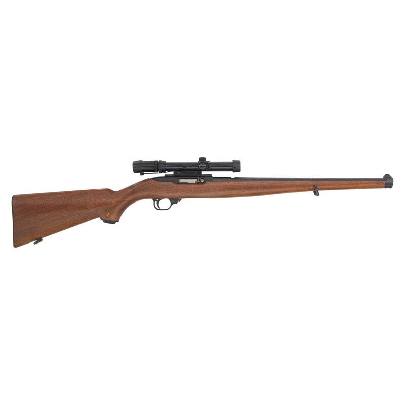 *Ruger 10/22 Rifle with Mannlicher Style Stock and Bushnell Scope: *Ruger 10/22 Rifle with Mannlicher Style Stock and Bushnell Scope .22 LR. 18.5" barrel length. SN: 113-03128. Blued metal finish with black anodized receiver set in a Walnut semi pistol grip stock wit