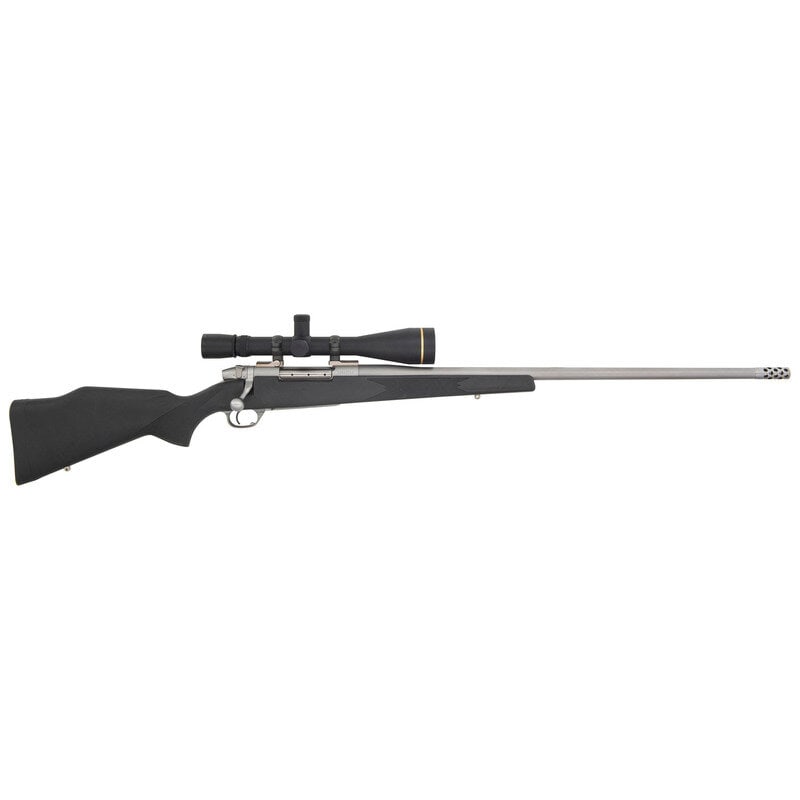 *Weatherby Mark V in .30-378 with Leupold Scope: *Weatherby Mark V in .30-378 with Leupold Scope .30-378 Weatherby Magnum. 28" barrel length with muzzle brake. SN: SS017719. Parkerized stainless steel finish. Synthetic black Monte Carlo stock has ch