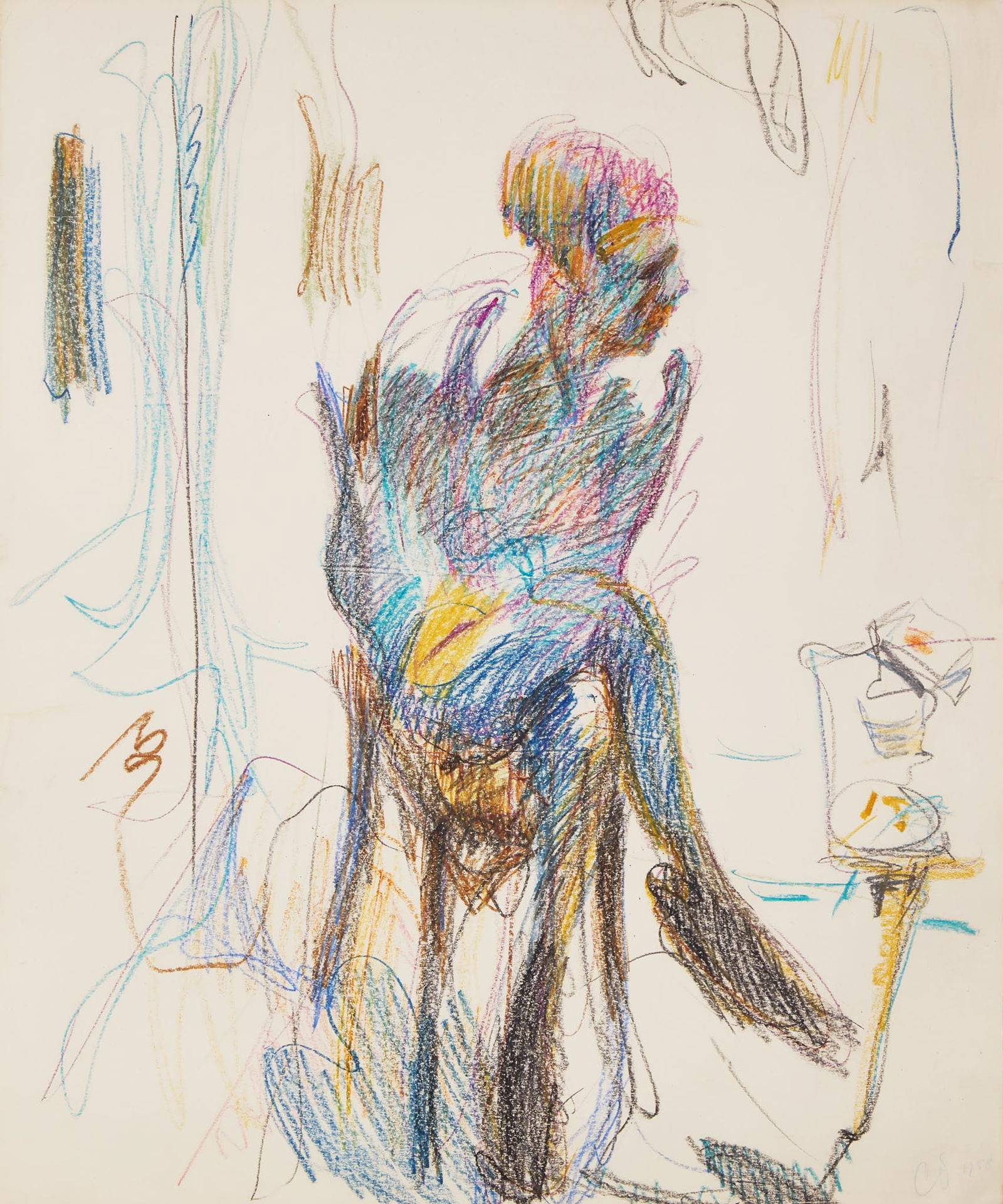 Claes Oldenburg (American, 1929-2022) - Seated Nude Study: Claes Oldenburg (American, 1929-2022) - Seated Nude Study Initialied ‘C.O.’ and dated 1958 bottom right, colored pencil and crayon on paper. 30 x 25 in. (76.2 x 63.5cm) Provenance The Arti