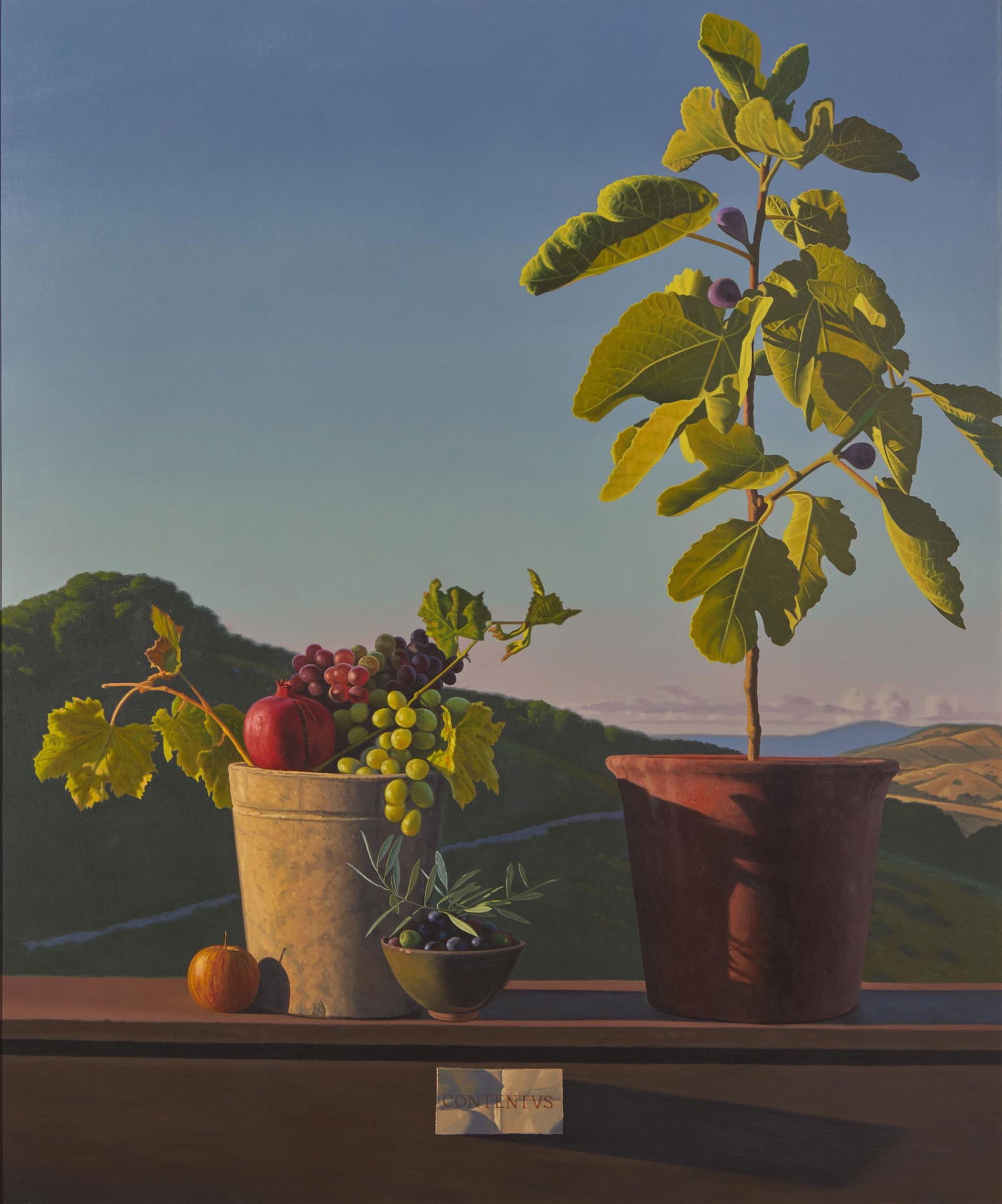 David Ligare (American, b. 1948) - Still Life: Contentus: David Ligare (American, b. 1948) - Still Life: Contentus Signed and dated ‘D. Ligare 2000’ verso, oil on canvas. 47 ½ x 39 ½ in. (120.7 x 100.3cm) Provenance Hackett-Freedman Gal