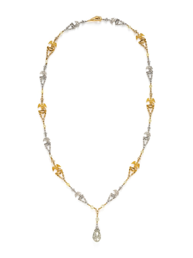 JULIUS COHEN, PLATINUM, YELLOW GOLD AND DIAMOND NECKLACE: JULIUS COHEN, PLATINUM, YELLOW GOLD AND DIAMOND NECKLACE Consisting of stations depicting an eagle crest with the motto 'virtute tutus' flanked by round brilliant cut diamond clusters weighing approxi