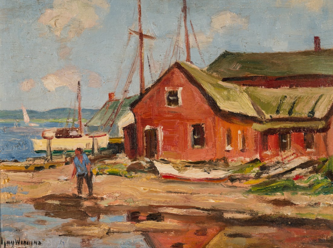 Guy Carleton Wiggins (American, 1883-1962) Waterfront at Essex. Conn, c. 1953: Guy Carleton Wiggins (American, 1883-1962) Waterfront at Essex. Conn, c. 1953 oil on canvasboard signed Guy Wiggins (lower left); signed, titled, and inscribed (on the reverse) 12 x 16 inches. This lo