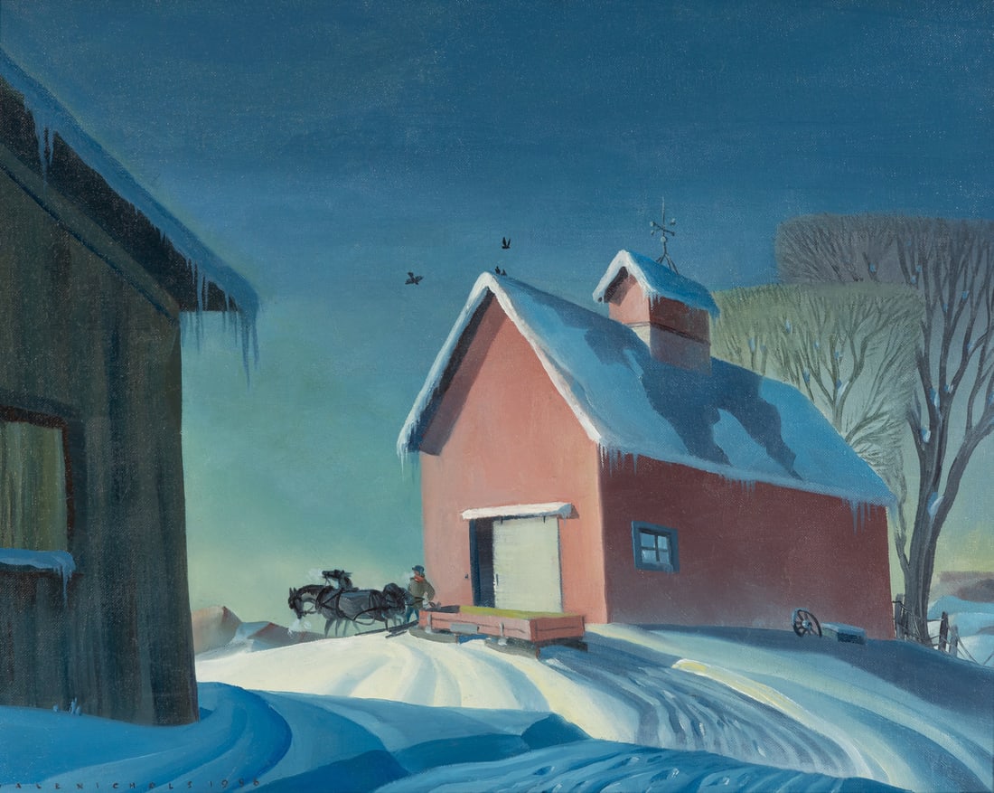 Dale Nichols (American, 1904-1995) Farm in Winter, 1956: Dale Nichols (American, 1904-1995) Farm in Winter, 1956 oil on canvasboard signed Dale Nichols and dated (lower left) 16 x 20 inches. This lot is located in Chicago.