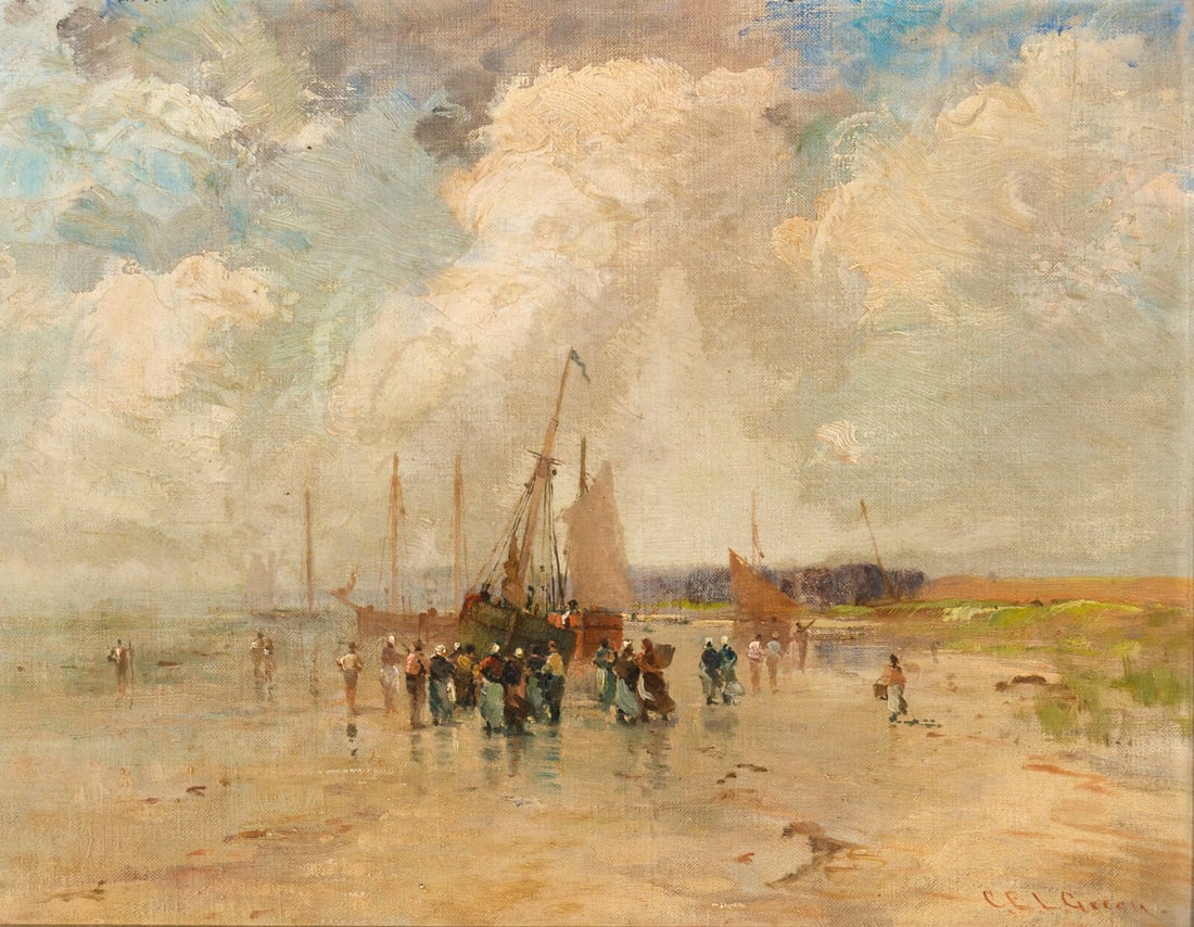 Charles Edwin Lewis Green (American, 1844-1915) Figures on the Beach, Low Tide: Charles Edwin Lewis Green (American, 1844-1915) Figures on the Beach, Low Tide oil on canvas signed C.E.L. Green. (lower right) 14 1/4 x 18 1/4 inches. This lot is located in Chicago.