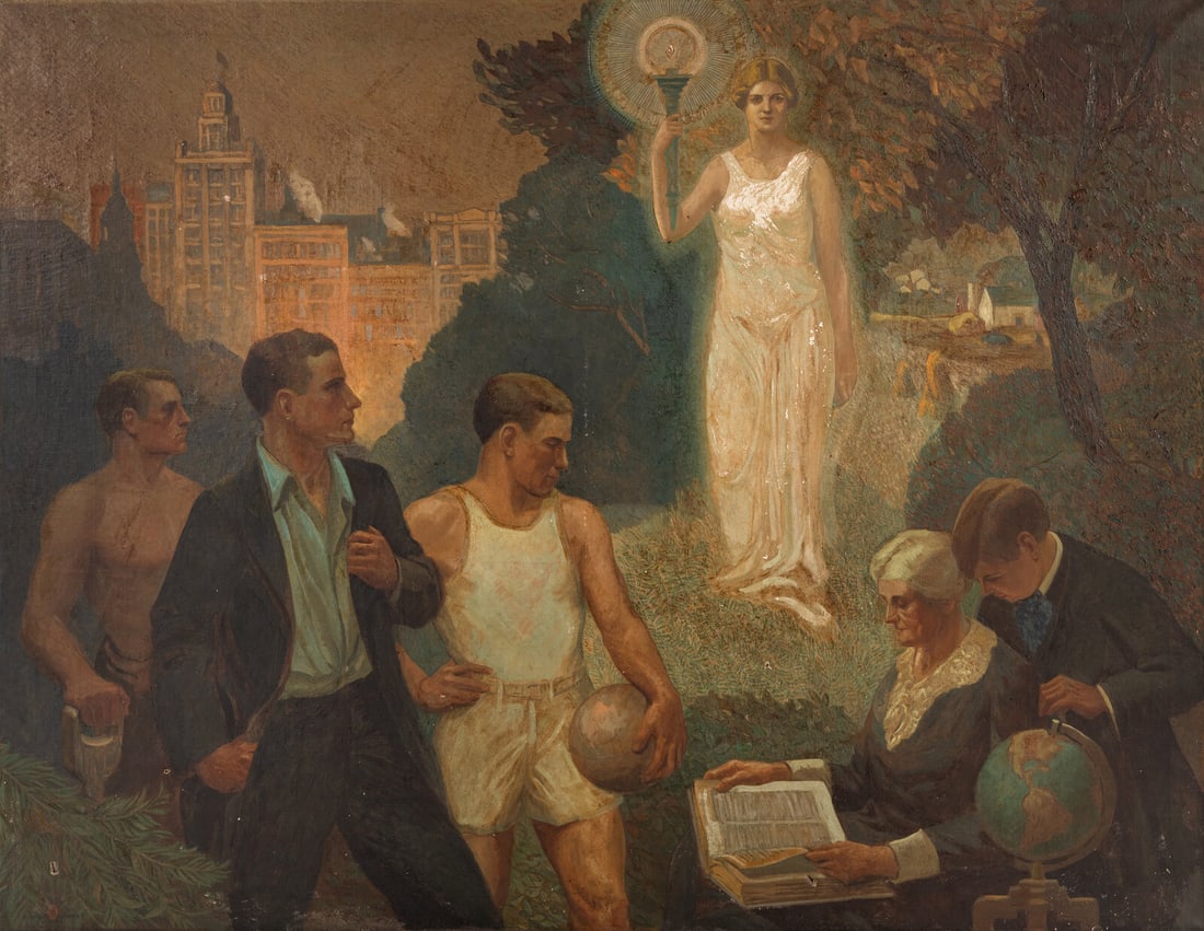 Carl Rudolph Krafft (American, 1884-1938) Triad of Life: Highlighting Labor, Business, Athletics and: Carl Rudolph Krafft (American, 1884-1938) Triad of Life: Highlighting Labor, Business, Athletics and Education, 1926 oil on canvas signed Carl R.Krafft and dated (lower left) 62 1/2 x 82 inches This l