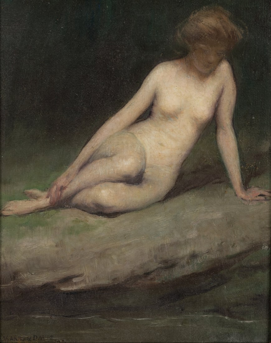 Warren B. Davis (American, 1865-1928) Nude by the Brook: Warren B. Davis (American, 1865-1928) Nude by the Brook oil on canvas laid to board signed WARREN DAVIS (lower left) 10 x 8 inches. This lot is located in Chicago. Provenance: Sold: Cordier Antiques &