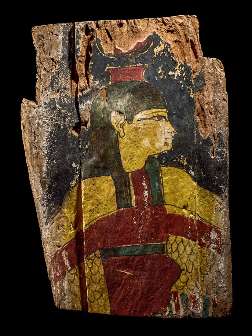 An Egyptian Painted Wood Sarcophagus Fragment with Isis (1 of 4)