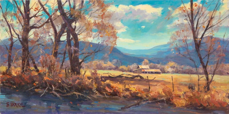 Phil Starke (American, b. 1957) Farm Near Taos: Phil Starke (American, b. 1957) Farm Near Taos oil on canvas signed Starke (lower left) 10 x 20 inches Size 10 x 20 inches Condition Unframed. Please contac