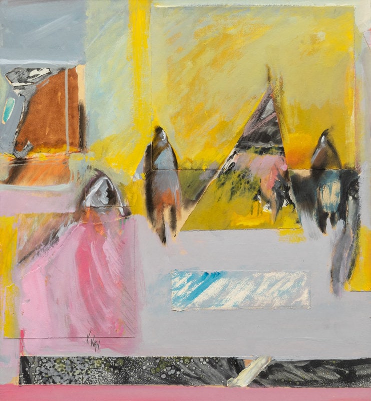 Veloy Vigil (American, 1931-1997) Time of Day: Veloy Vigil (American, 1931-1997) Time of Day mixed media on board signed V. Vigil (lower left) 23 1/2 x 21 7/8 inches Property from the Private Collection of Elena and Veloy Vigil</
