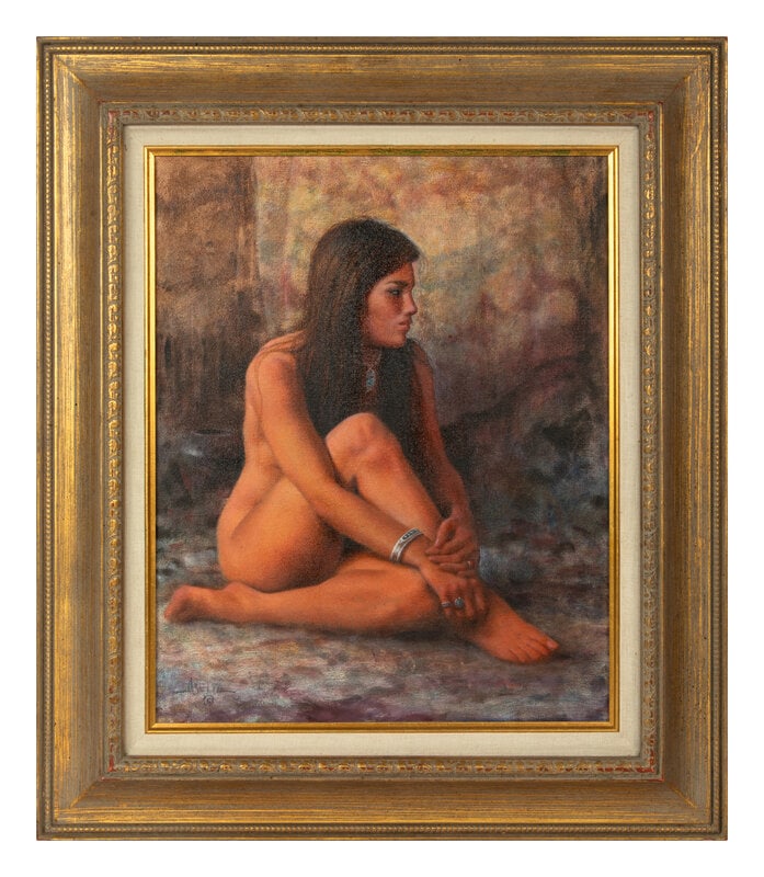 Jimmy Abeita (Diné, b. 1947) Seated Nude: Jimmy Abeita (Diné, b. 1947) Seated Nude oil on canvas signed Abeita (lower left) 20 x 16 inches Property from the Collection of Mr. Warren Ehrlich Size 20 x 16 inch