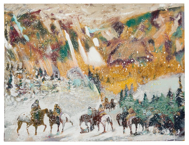 Earl Biss (Apsáalooke, 1947-1998) Autumn Storm on the Crazy Woman Mountains, 195/300: Earl Biss (Apsáalooke, 1947-1998) Autumn Storm on the Crazy Woman Mountains, 195/300 Serigraph signed Biss (upper right) 33 x 34 inches Property from the Collection of Mr. Warre