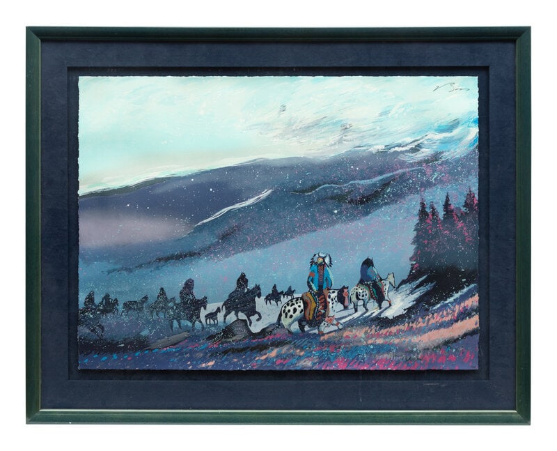 Earl Biss (Apsáalooke, 1947-1998) Blizzard Along the Beartooth Range: Earl Biss (Apsáalooke, 1947-1998) Blizzard Along the Beartooth Range serigraph signed Biss (upper right) 26 x 36 inches Size 26 x 36 inches Condition<