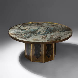 Philip and Kelvin LaVerne (American, 1907-1987 | b. 1937) Chan Coffee Table, c. 1965 New York: Philip and Kelvin LaVerne (American, 1907-1987 | b. 1937) Chan Coffee Table, c. 1965 New York acid etched brass and pewter, wood signed in cameo Philip+Kelvin Laverne 17 1/2 h x 40 dia in