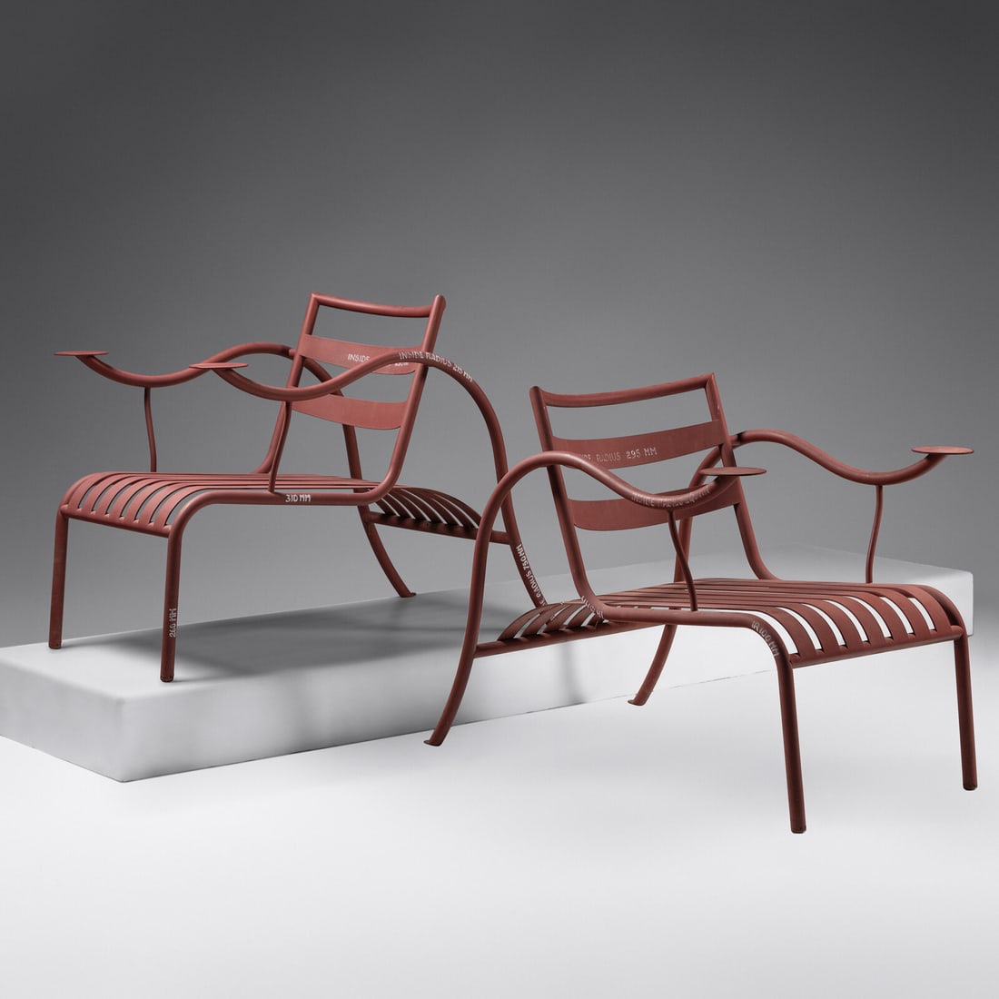 Jasper Morrison (British, b. 1959) Pair of Thinking Man's Chairs, 1988Aram, London: Jasper Morrison (British, b. 1959) Pair of Thinking Man's Chairs, 1988Aram, London oxidized steel 28 h x 25 1/2 w x 37 d in