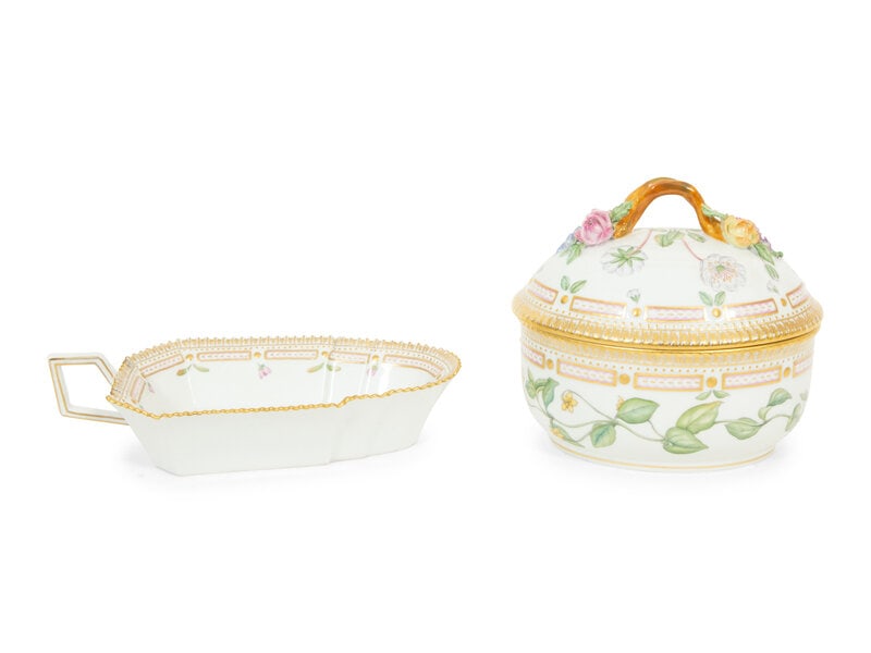 A Royal Copenhagen Flora Danica Porcelain Covered Bowl and Dish: A Royal Copenhagen Flora Danica Porcelain Covered Bowl and Dish the bowl numbered 161, the accent dish numbered 3554. Height of first 6 x width 6 1/4 x depth 5 inches. This l