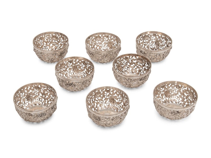 A Set of Eight Chinese Export Pierced Silver Bowl Liners (1 of 2)